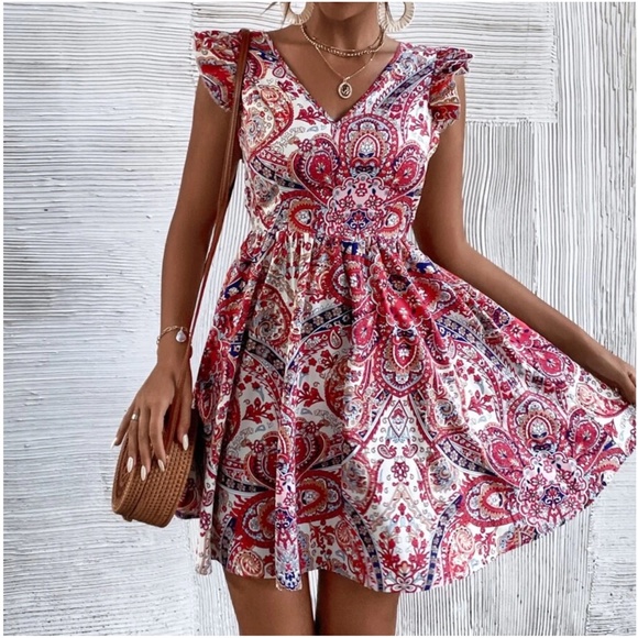 Boho Paisley Print Ruffle Sleeve Dress - Picture 3 of 5
